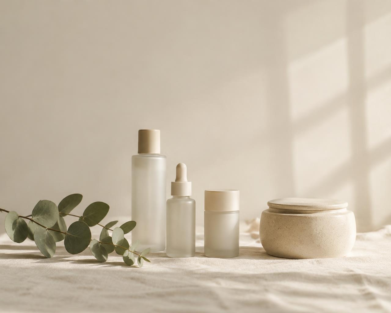 Minimal skincare bottles on linen