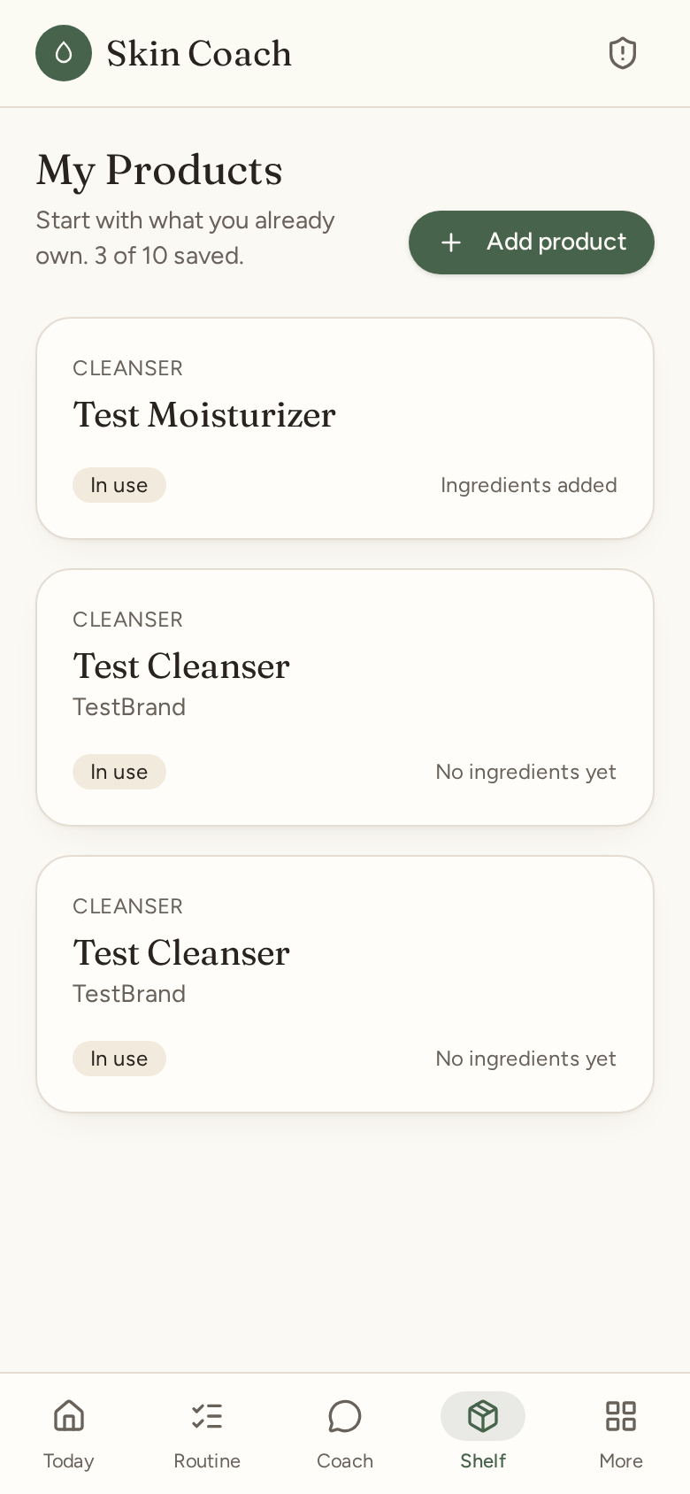 Skin Coach Shelf screen